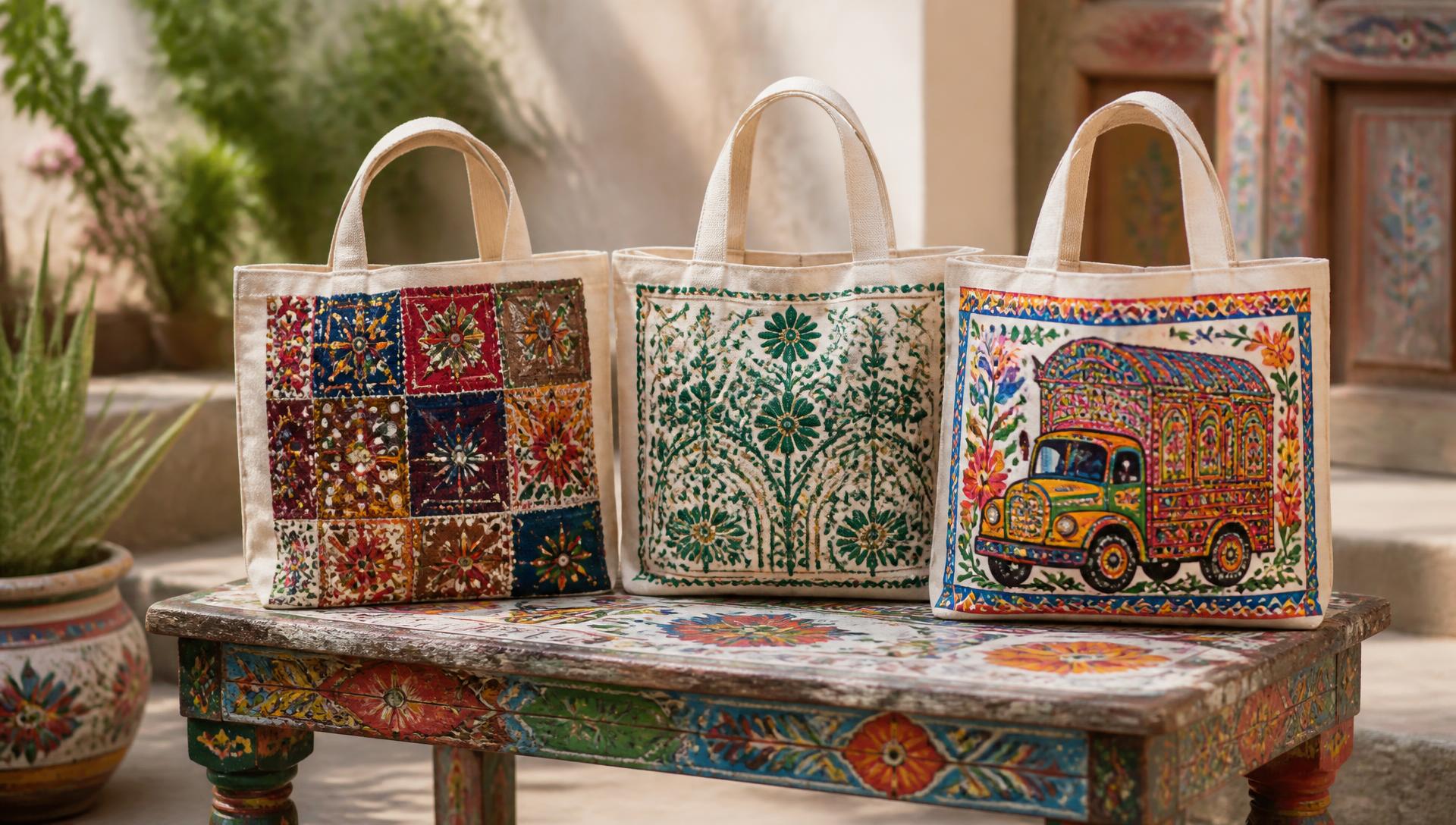 Handmade Rilli, embroidery and Truck Art tote bags by Threads of Pakistan